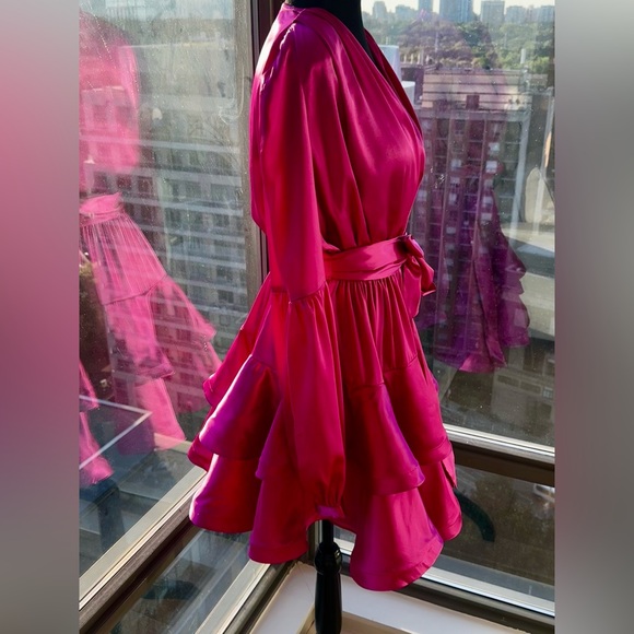 🆕 BRONX & BANCO 🧿 NWOT Bedouin V-Neck Ruffle Mini Dress, Pink Silk - Size L - Picture 8 of 15